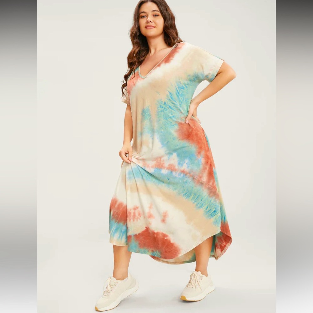 Tie Dye V Neck Pocket Arc Hem Dress